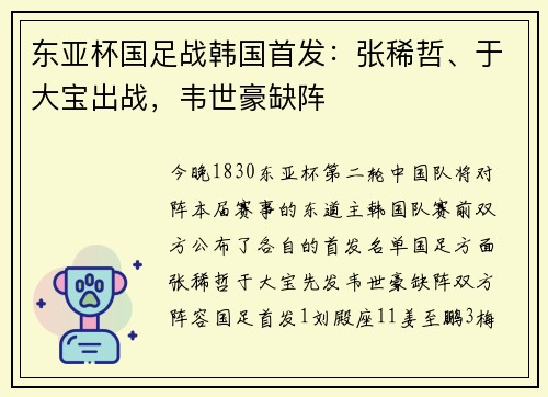 东亚杯国足战韩国首发：张稀哲、于大宝出战，韦世豪缺阵